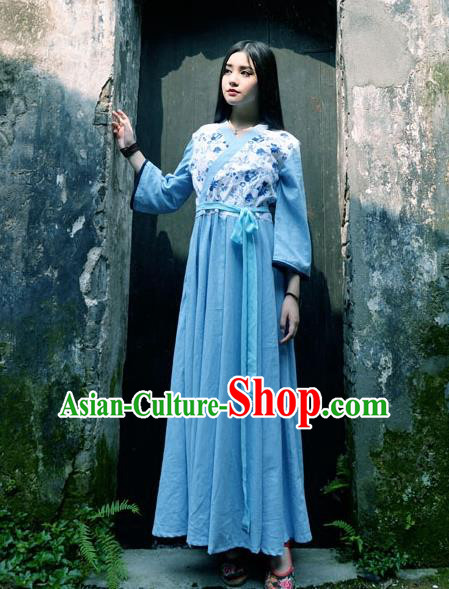 Traditional Chinese Han Dynasty Young Lady Hanfu Costume, China Ancient Princess Blue Dress Clothing for Women