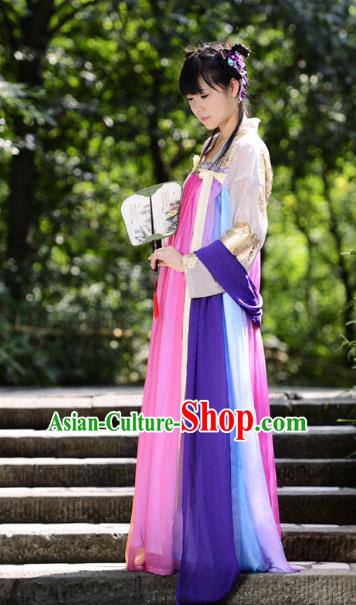 Traditional Chinese Tang Dynasty Young Lady Hanfu Costume, China Ancient Princess Rainbow Dress Clothing for Women
