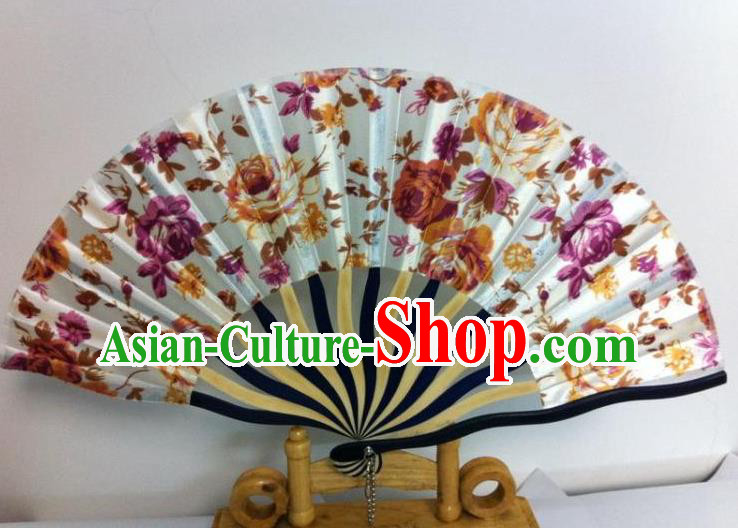 Traditional Chinese Crafts Peking Opera Folding Fan China Sensu Hand Painting Purple Flowers Chinese Silk Dance Fan for Women