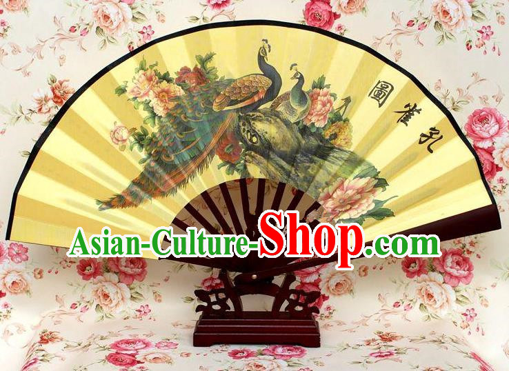 Traditional Chinese Crafts Peking Opera Folding Fan China Sensu Handmade Chinese Ink Painting Peacock Silk Fan for Men