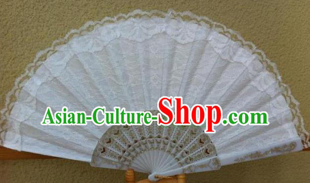Traditional Chinese Crafts Peking Opera Folding Fan China Sensu Handmade Chinese Dance Double White Lace Fan for Women