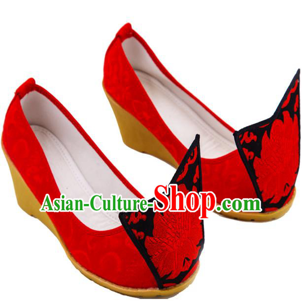 Traditional Chinese Ancient Wedding Cloth Shoes, China Princess Wedding Shoes Hanfu Handmade Embroidery Red Become Warped Head Shoe for Women