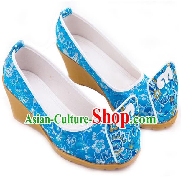 Traditional Chinese Ancient Wedding Cloth Shoes, China Princess Shoes Hanfu Handmade Embroidery Blue Become Warped Head Shoe for Women