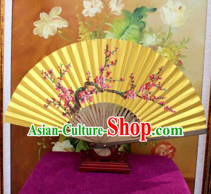 Traditional Chinese Crafts Peking Opera Folding Fan China Sensu Handmade Chinese Painting Plum Blossom Golden Paint Fan for Women