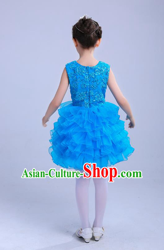 Top Grade Chinese Compere Professional Performance Catwalks Costume, Children Princess Bubble Blue Full Dress Modern Dance Dress for Girls Kids