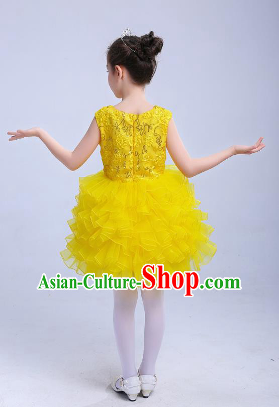 Top Grade Chinese Compere Professional Performance Catwalks Costume, Children Princess Bubble Yellow Full Dress Modern Dance Dress for Girls Kids