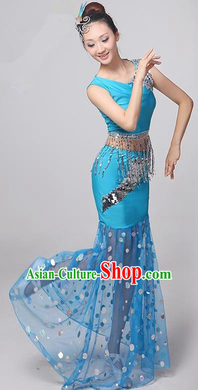 Traditional Chinese Dai Nationality Peacock Dance Costume, Folk Dance Ethnic Costume, Chinese Minority Nationality Dance Blue Dress for Women