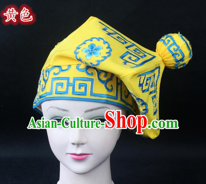 Traditional China Beijing Opera Takefu Hat, Ancient Chinese Peking Opera Martial Arts Men Headwear Embroidery Yellow Kerchief