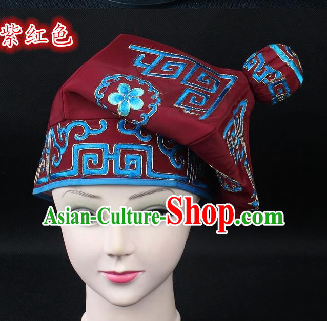 Traditional China Beijing Opera Takefu Hat, Ancient Chinese Peking Opera Martial Arts Men Headwear Embroidery Purplish Red Kerchief