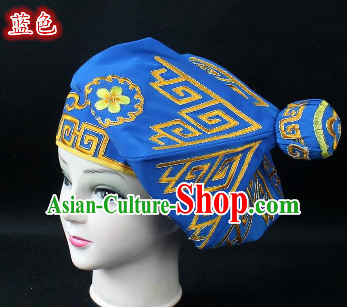 Traditional China Beijing Opera Takefu Hat, Ancient Chinese Peking Opera Martial Arts Men Headwear Embroidery Blue Kerchief