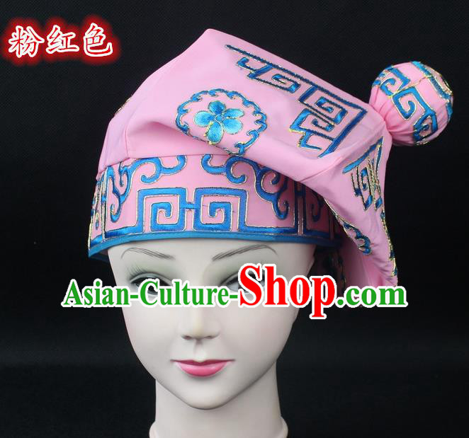 Traditional China Beijing Opera Takefu Hat, Ancient Chinese Peking Opera Martial Arts Men Headwear Embroidery Pink Kerchief