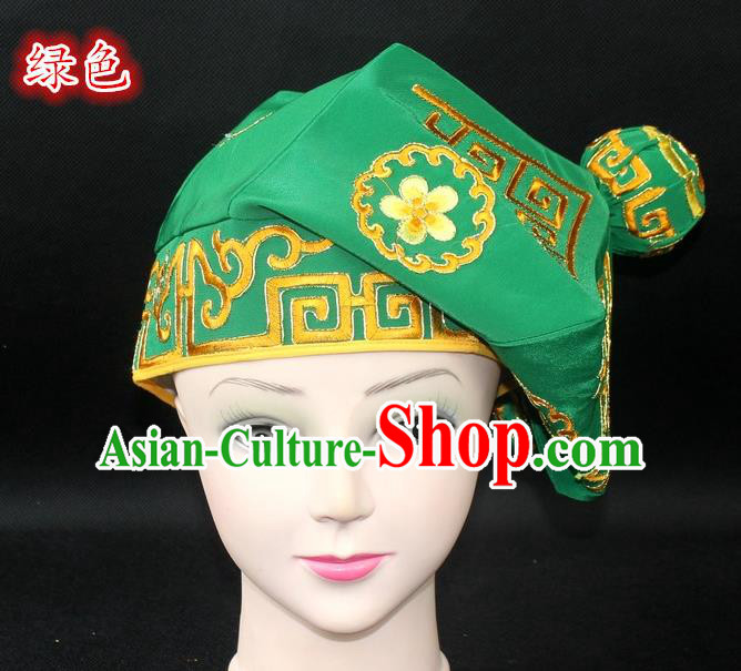 Traditional China Beijing Opera Takefu Hat, Ancient Chinese Peking Opera Martial Arts Men Headwear Embroidery Green Kerchief