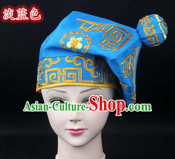 Traditional China Beijing Opera Takefu Hat, Ancient Chinese Peking Opera Martial Arts Men Headwear Embroidery Light Blue Kerchief