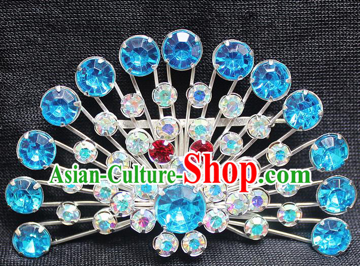 Traditional China Beijing Opera Young Lady Jewelry Accessories Collar Brooch, Ancient Chinese Peking Opera Hua Tan Diva Blue Crystal Fanshaped Breastpin