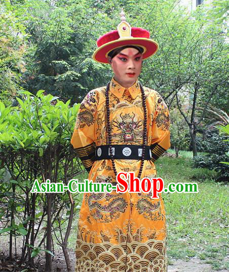 Traditional China Beijing Opera Costume Qing Dynasty Emperor Embroidered Robe and Headwear, Ancient Chinese Peking Opera Embroidery Dragon Gwanbok Clothing