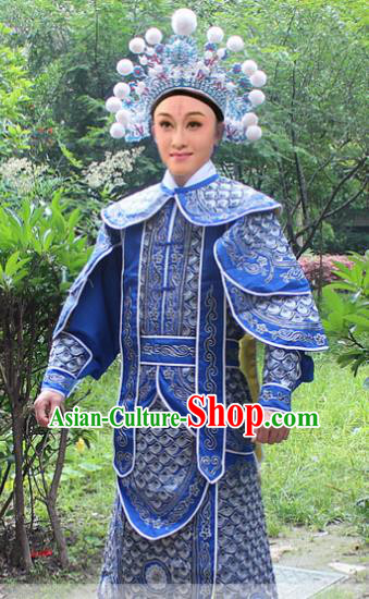 Traditional China Beijing Opera Costume Yang Warrior Robe and Headwear Complete Set, Ancient Chinese Peking Opera Soldier Blue Gwanbok Clothing
