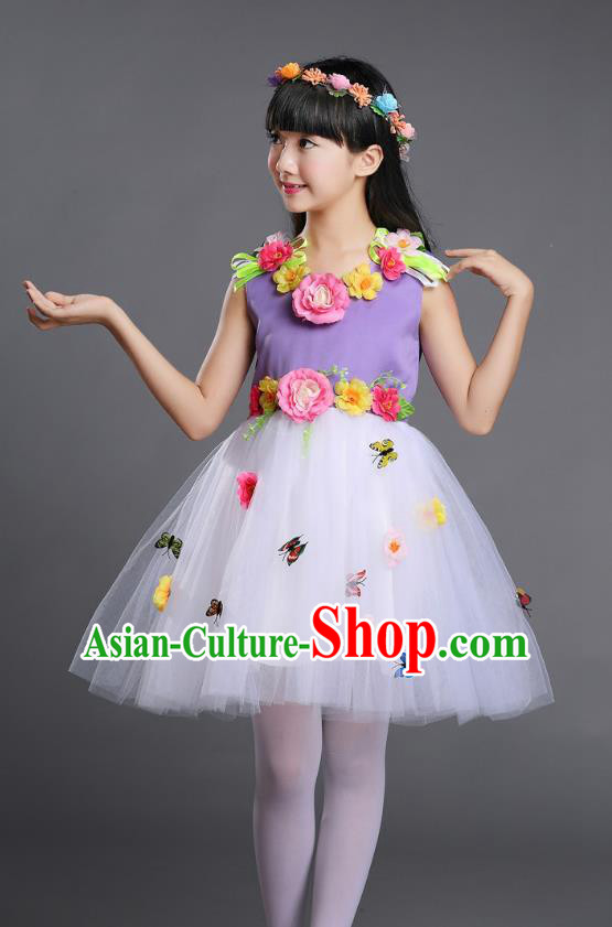 Top Grade Chinese Compere Professional Performance Catwalks Costume, Children Princess Bubble Veil Full Dress Modern Dance Purple Dress for Girls Kids