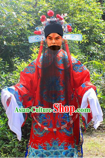 Traditional China Beijing Opera Costume Emperor Son-in-law Embroidered Robe and Headwear Complete Set, Ancient Chinese Peking Opera General Red Gwanbok Clothing
