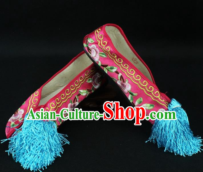 Traditional China Beijing Opera Hua Tan Embroidered Red Shoes, Ancient Chinese Peking Opera Young Lady Diva Princess Blood Stained Shoes