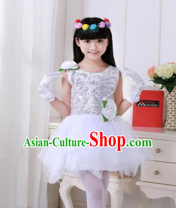Top Grade Chinese Compere Professional Performance Catwalks Costume, Children Princess White Veil Bubble Full Dress Modern Dance Dress for Girls Kids