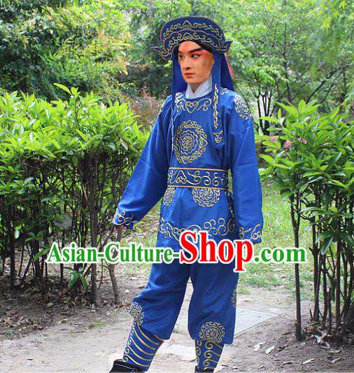 Traditional China Beijing Opera Costume Swordsman Takefu Embroidered Blue Uniform and Headwear, Ancient Chinese Peking Opera Embroidery Warrior Clothing