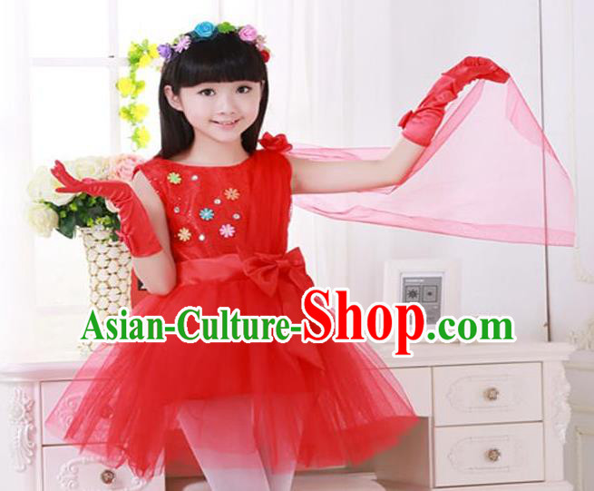 Top Grade Chinese Compere Professional Performance Catwalks Costume, Children Princess Red Veil Bubble Dress Modern Dance Dress for Girls Kids