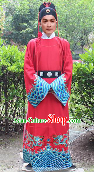 Traditional China Beijing Opera Niche Costume Zhan Zhao Robe and Headwear, Ancient Chinese Peking Opera Embroidery Red Gwanbok Clothing