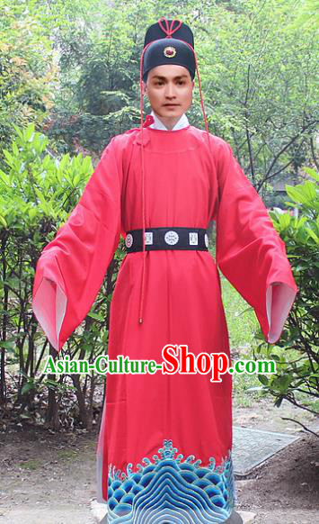 Traditional China Beijing Opera Niche Costume Zhan Zhao Imperial Bodyguard Robe and Headwear, Ancient Chinese Peking Opera Embroidery Red Gwanbok Clothing
