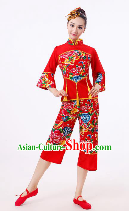 Traditional Chinese Classical Dance Yangge Fan Dance Red Costume, Folk Dance Waist Drum Dance Clothing Yangko Uniform for Women