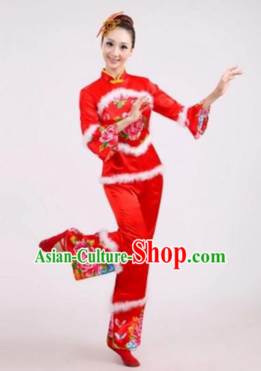Traditional Chinese Classical Dance Yangge Fan Dance Embroidery Peony Red Costume, Folk Dance Waist Drum Dance Clothing Yangko Uniform for Women