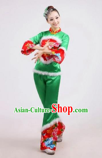 Traditional Chinese Classical Dance Yangge Fan Dance Embroidery Peony Green Costume, Folk Dance Waist Drum Dance Clothing Yangko Uniform for Women
