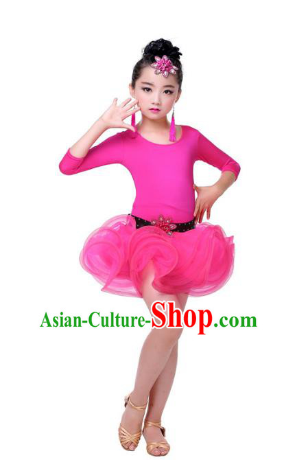 Top Grade Chinese Compere Professional Performance Catwalks Costume, Children Rosy Bubble Dress Modern Latin Dance Dress for Girls Kids