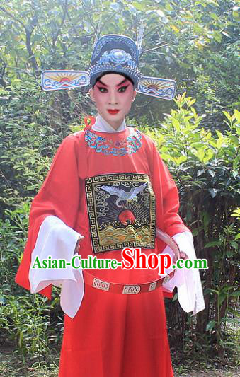 Traditional China Beijing Opera Niche Costume Lang Scholar Red Embroidered Robe and Headwear, Ancient Chinese Peking Opera Embroidery Magistrate Gwanbok Clothing