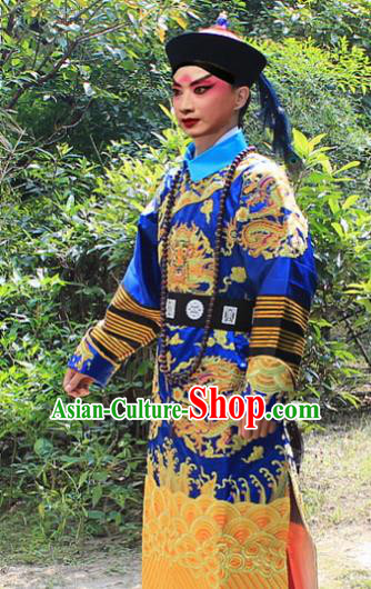 Traditional China Beijing Opera Niche Costume Qing Dynasty Eunuch Embroidered Robe and Hat, Ancient Chinese Peking Opera Manchu Royal Highness Embroidery Blue Gwanbok Clothing