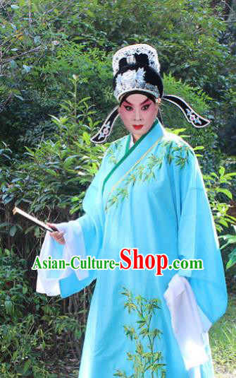 Traditional China Beijing Opera Niche Costume Lang Scholar Blue Embroidered Robe and Headwear, Ancient Chinese Peking Opera Embroidery Gwanbok Clothing