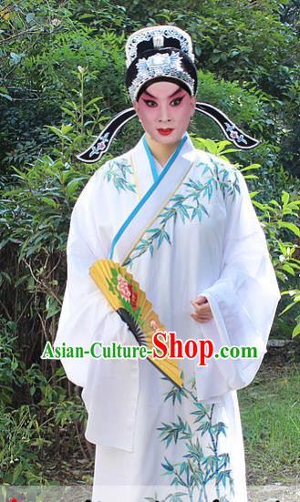 Traditional China Beijing Opera Niche Costume Scholar Embroidered Robe and Headwear, Ancient Chinese Peking Opera Embroidery White Xiucai Gwanbok Clothing