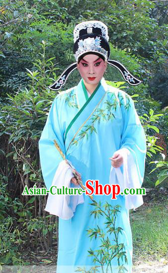 Traditional China Beijing Opera Niche Costume Scholar Embroidered Robe and Headwear, Ancient Chinese Peking Opera Embroidery Blue Xiucai Gwanbok Clothing