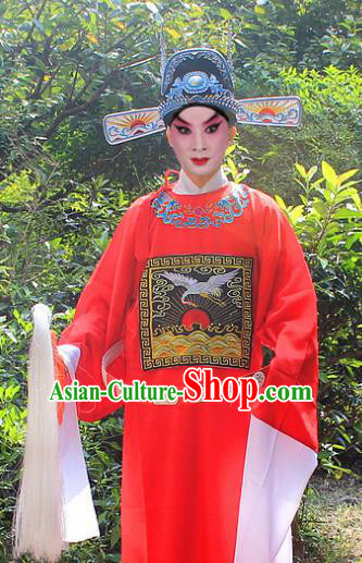 Traditional China Beijing Opera Niche Costume Lang Scholar Embroidered Robe and Headwear, Ancient Chinese Peking Opera Embroidery Magistrate Red Gwanbok Clothing