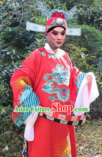 Traditional China Beijing Opera Niche Costume Lang Scholar Red Embroidered Robe and Hat, Ancient Chinese Peking Opera Embroidery Magistrate Gwanbok Clothing