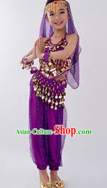 Traditional Indian Classical Dance Belly Dance Costume, India China Uyghur Nationality Dance Clothing Purple Paillette Uniform for Kids