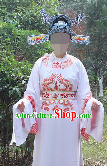 Traditional China Beijing Opera Niche Costume Lang Scholar White Embroidered Robe and Hat, Ancient Chinese Peking Opera Embroidery Emperor Son-in-law Gwanbok Clothing