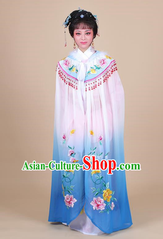Traditional China Beijing Opera Young Lady Hua Tan Costume Female Blue Embroidered Cloak, Ancient Chinese Peking Opera Diva Embroidery Mantle Clothing