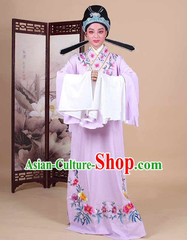 Traditional China Beijing Opera Niche Costume Lang Scholar Embroidered Purple Robe and Headwear, Ancient Chinese Peking Opera Embroidery Clothing