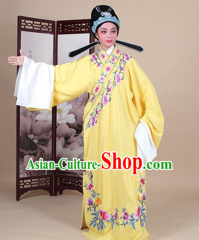 Traditional China Beijing Opera Niche Costume Lang Scholar Embroidered Yellow Robe and Headwear, Ancient Chinese Peking Opera Embroidery Clothing