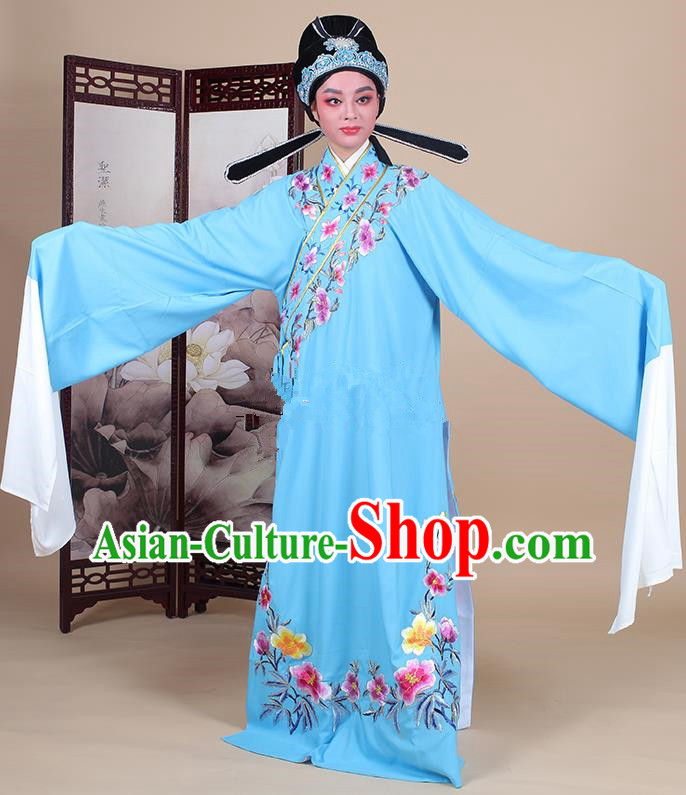 Traditional China Beijing Opera Niche Costume Lang Scholar Embroidered Deep Blue Robe and Headwear, Ancient Chinese Peking Opera Embroidery Clothing