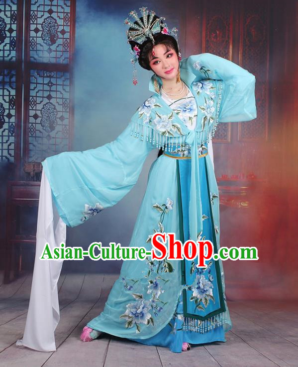 Traditional China Beijing Opera Young Lady Hua Tan Costume Imperial Concubine Blue Embroidered Cape, Ancient Chinese Peking Opera Diva Embroidery Peony Dress Clothing