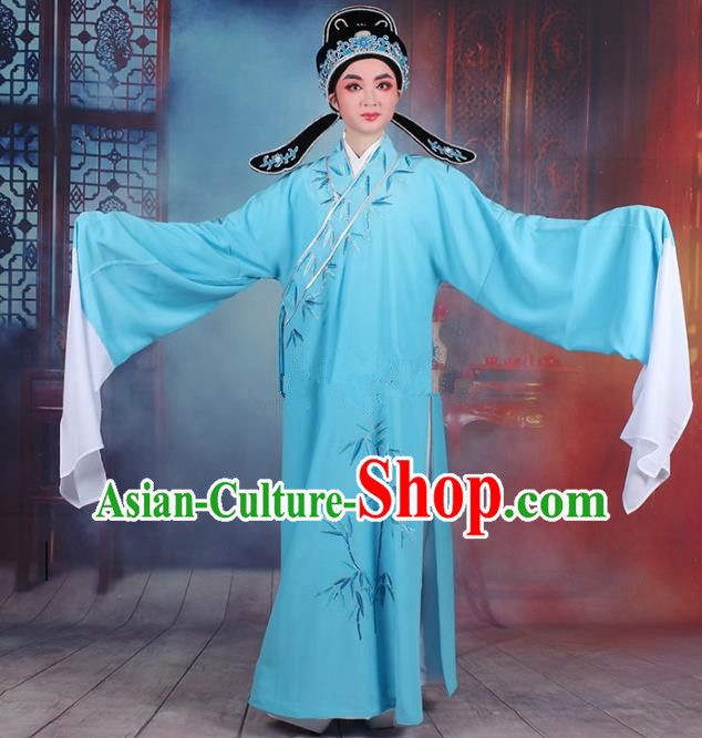Traditional China Beijing Opera Niche Costume Gifted Scholar Sky Blue Embroidered Robe and Headwear, Ancient Chinese Peking Opera Embroidery Bamboo Clothing
