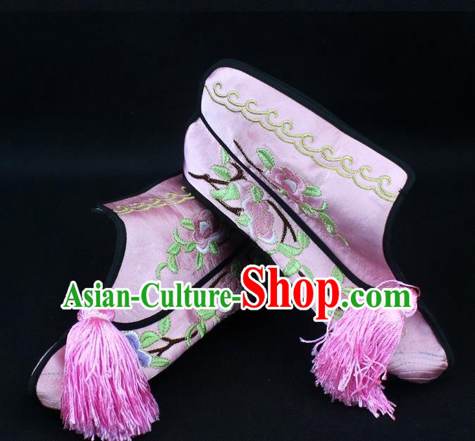 Traditional China Beijing Opera Female Warrior Embroidered Shoes, Ancient Chinese Peking Opera Blues Pink Boots