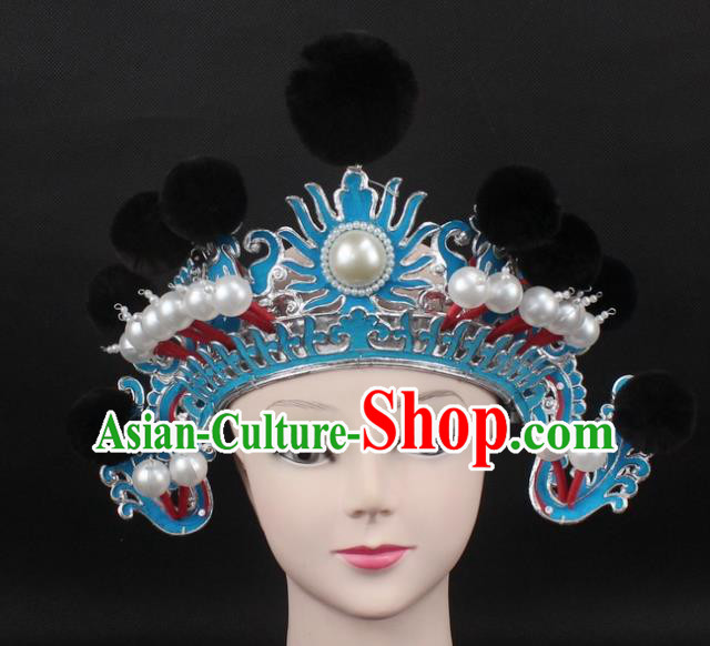 Traditional China Beijing Opera Hair Accessories Black Venonat General Hat, Ancient Chinese Peking Opera Takefu Helmet Headwear