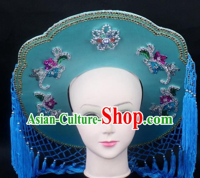 Traditional China Beijing Opera Hair Accessories Fisher-Woman Blue Veil Hat, Ancient Chinese Peking Opera Swordplay Helmet Headwear